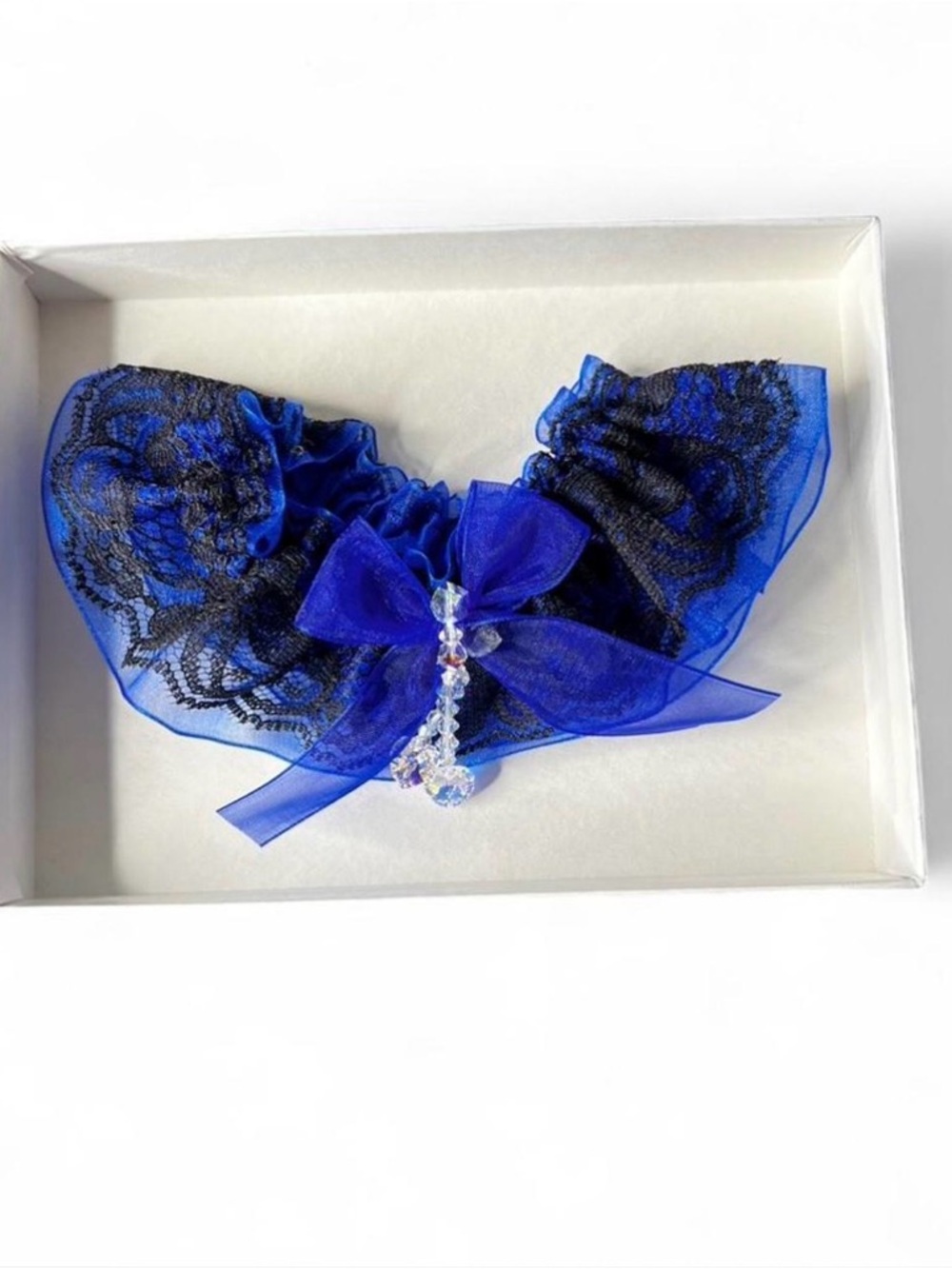Blue and Black Lace Garter with Crystal Accent